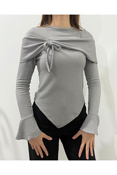 peri tower New Product Women's Wrinkled Crew Neck Asymmetrical Flounce Long Sleeve Blouse (Suitable for Hijab) 0038