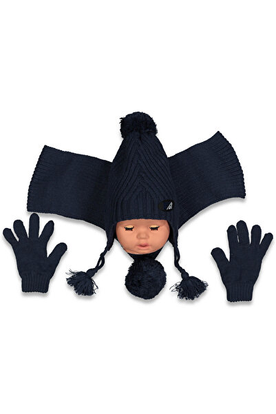 alpmodel Coat of Arms Inside Fleece Inside Ears Covered Beanie Scarf Gloves Set Boys Set 4-8 Years Old