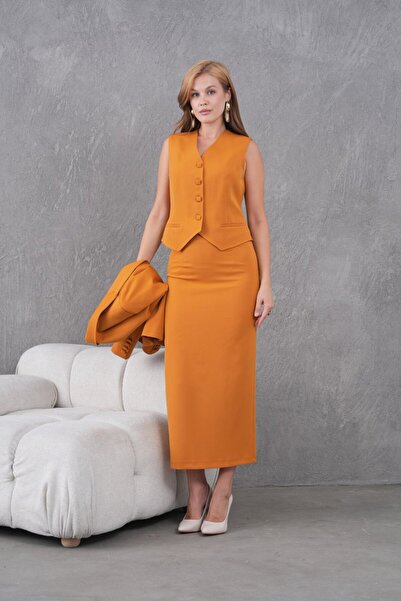 nodilife Kare Düğmeli Üçlü Kadın Takım Elbise Turuncu