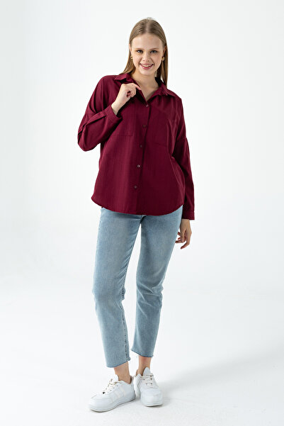GİYSA قميص نسائي أساسي بأكمام طويلة وجيبين باللون الأحمر الداكن - 26K 2013