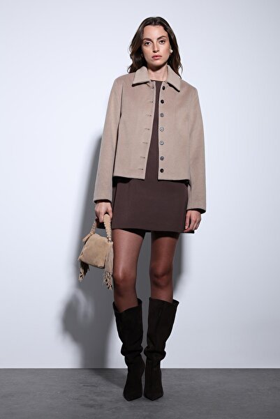 Antioch Beige Shirt Collar Short Cashmere Jacket