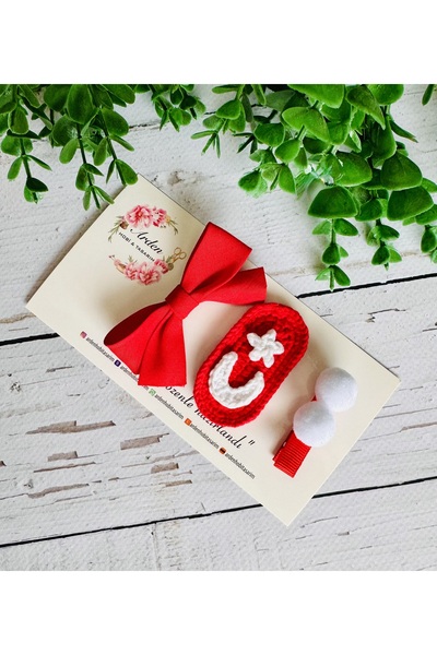 ARDEN HOBİ TASARIM Hand Knitted Crescent-Star Turkish Flag Bow Buckle Set (3 Pieces)/Baby/Children's Holiday Buckle
