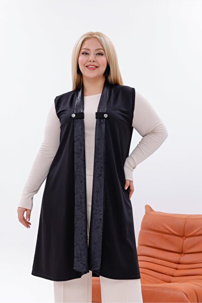 Siyezen Plus Size Leather Detailed Long Vest