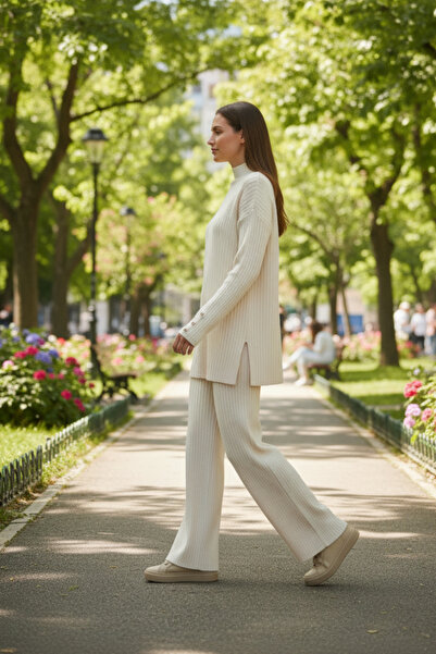 TrendParis Ribbed Knitwear Set with Buttoned Sleeves Detail Ecru