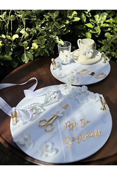 Cyz Home Στρογγυλός λευκός δίσκος αρραβώνων με λευκό μαργαριτάρι, δίσκος καφέ γαμπρού, δίσκος αρραβώνων για κορίτσι