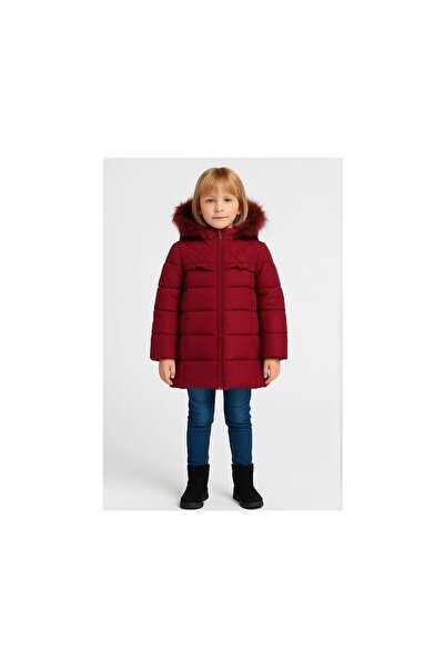 bebeciden Kız Çocuk Şişme Kaban Suni Kürk Detaylı Kapşonlu Cepli Fermuarlı Pembe