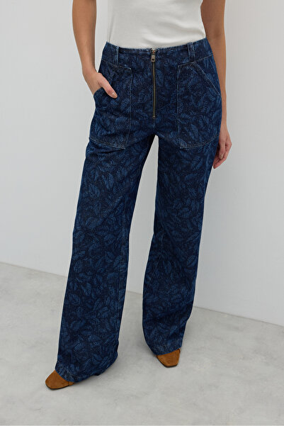 Roman Önü Metal Fermuarlı Çift Cepli Geniş Paça Pantolon İndigo K2612013_043