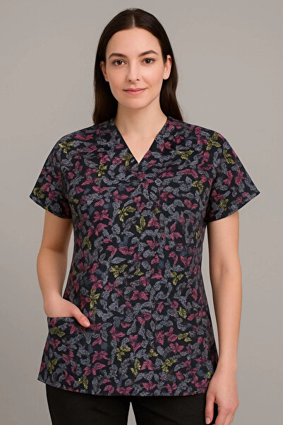 Bilenn Tekstil Bat Sleeve Patterned Single Top - 5013 Black Butterfly
