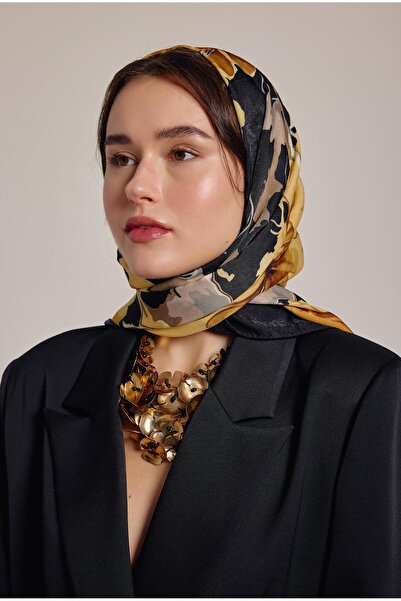 Yaqa SİYAH-GOLD FLOWER ŞAL