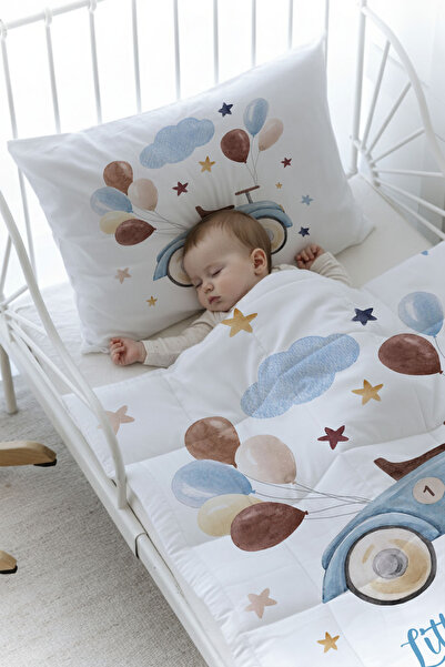 Tuğba Kuğu Organik Baskılı Montessori (100x200) Yorgan Seti Yorgan Seti - For Baby Serisi - Balonlu Araba