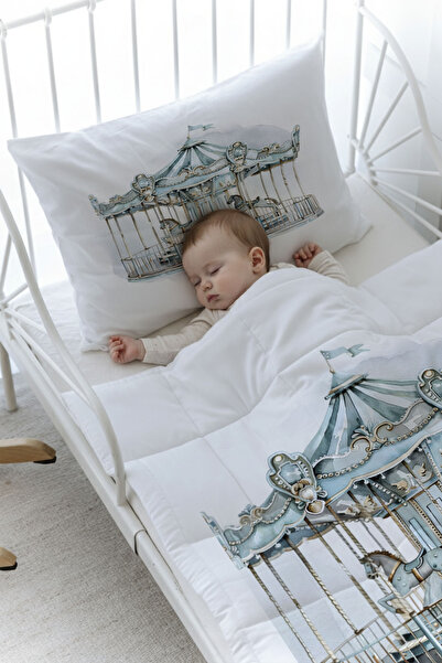 Tuğba Kuğu Organic Printed Baby (100X150) Quilt Set - Royal Series - Blue Carousel