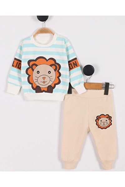 voyyo kids baby Lion Patterned Baby Set (3-18 Months) - Striped Long Sleeve Sweatshirt and Sweatpants