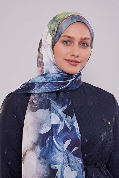 Levidor Şal din mătase indiană cu model de frunze mixte albastru denim