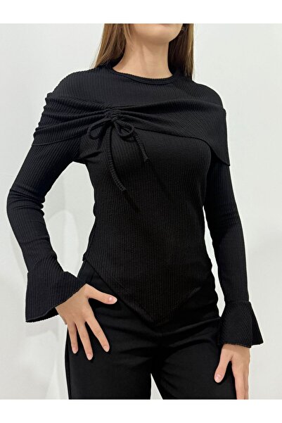 peri tower New Product Women's Wrinkled Crew Neck Asymmetrical Flounce Long S...