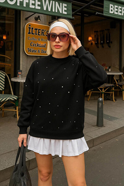 Fashion Friends Crew Neck Stoned Black Women's Sweatshirt 25K0099K1