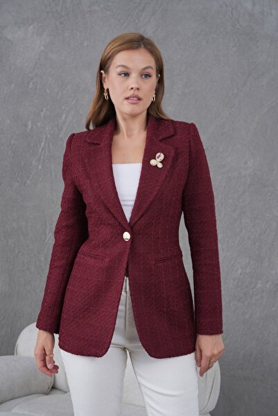 nodilife Broşlu Örgü Kumaş Kadın Ceket Bordo