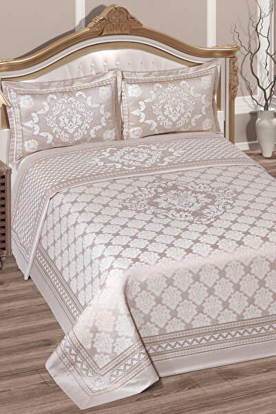 BİRHOME Damask Fabric Chenille Double Bedspread (Beige)