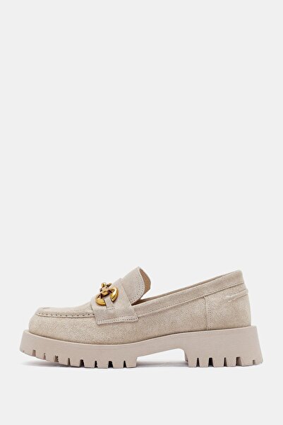 Bestyle Pamela Women's Beige Real Suede Leather Buckle Detailed Loafer