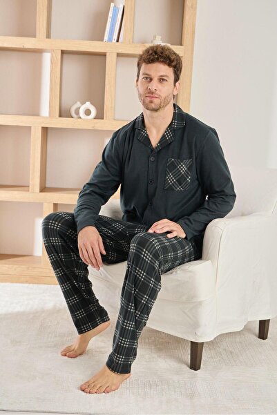 RAPAPA Ανδρικό χειμερινό βαμβακερό σετ πιτζάμες με κουμπιά – Μαύρο καρό με λεπτομέρειες 6400-6
