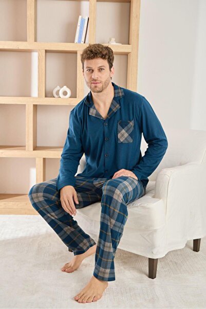 RAPAPA Ανδρικό σετ πιτζάμες με καρό σχέδιο με κουμπιά-6400-2-pm