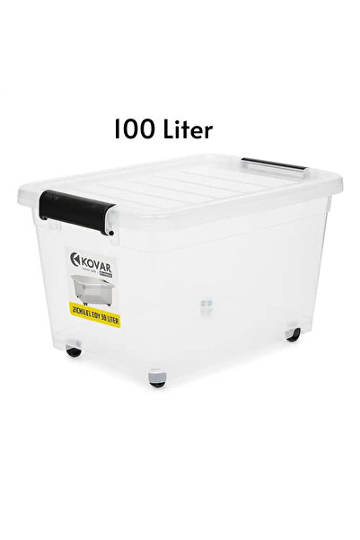 Kovar صندوق تخزين بلاستيكي شفاف مع غطاء وقفل وعجلات - سعة 100 لتر