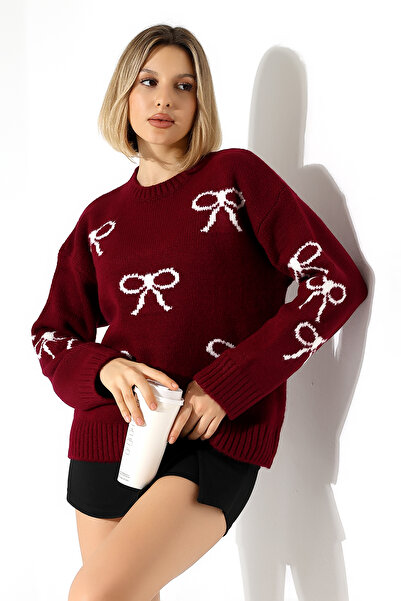 Devinka Women's Burgundy Bow Patterned Knitwear Sweater