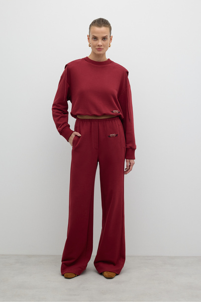 Roman Nakış Detaylı Beli Lastikli Geniş Paça Pantolon Bordo K2622003_008