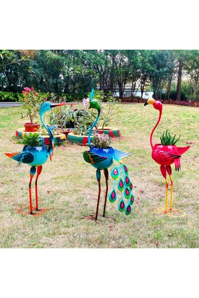 Flippy Flamingo Garden Decoration with Plant Holder, Metal, 71x34x22 cm, Blue