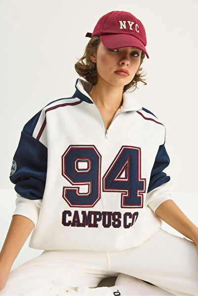 Bianco Lucci Kadın Dik Yaka Fermuarlı Renk Bloklu Oversize Sweatshirt 10025 60283629