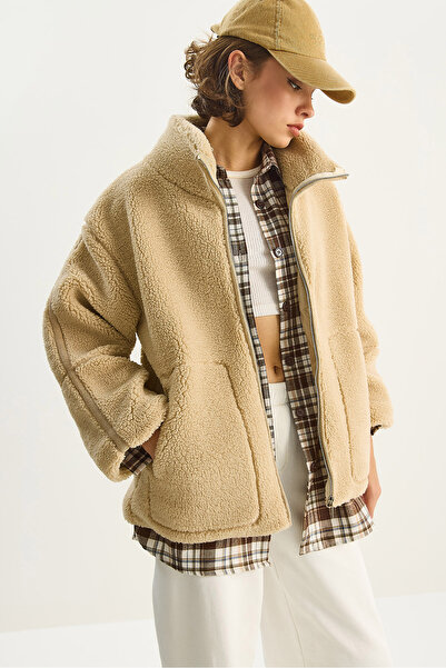 Bianco Lucci Palton de pluș pentru femei, cu detaliu de buzunar, căptușit cu fermoar, cu guler în picioare 60283631