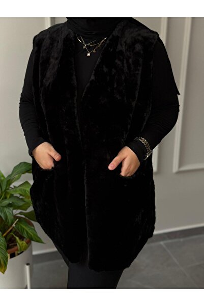 afife MARKA BÜYÜK BEDEN CEPLİ SIFIR KOLLU SİYAH PELUŞ YELEK