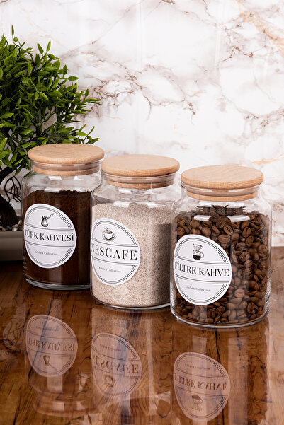 Minya Home 3 Adet 800 ml Ahşap Vakum Kapaklı Kahve Köşesi Seti Cam Kavanoz Etiket Hediyeli Kahve Seti