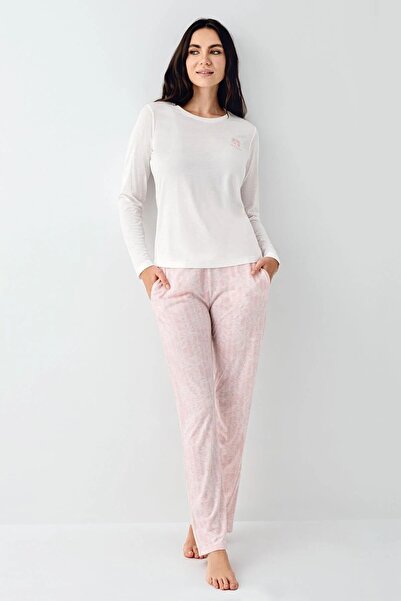 Pierre Cardin 9085 Set de pijamale pentru femei, cu mâneci lungi, cu gâtul rotund, alb