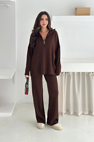 KIREK Set de tricotaje supradimensionat cu fermoar maro pentru femei