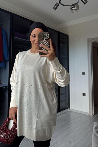 megapol giyim Women's Ecru Stone Detailed Long Sweater