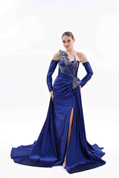 BDM Exclusive Taş İşlemeli Yaprak Detaylı Drapeli Tafta Abiye Elbise