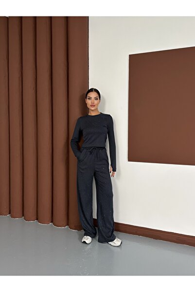 LE CARAMBOLE Women's Anthracite Stone Print Detailed Modal Fabric Top and Bottom Set