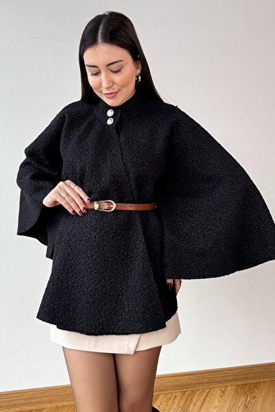 Cappmoda Ckt-1506 Black Boucle Fabric Gold Button Detailed Belted Poncho