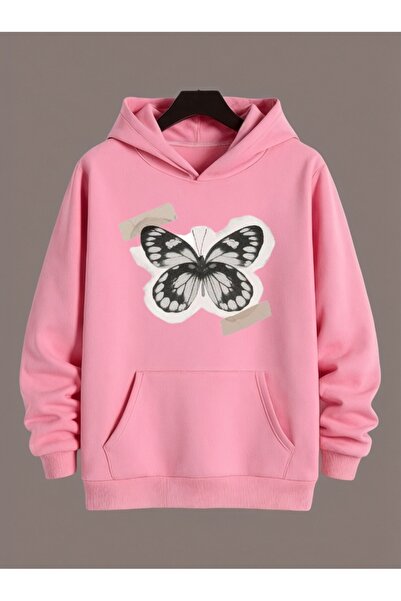 ArtYus سويت شيرت بقلنسوة كبير الحجم من القطن مطبوع عليه فراشة ملونة للجنسين