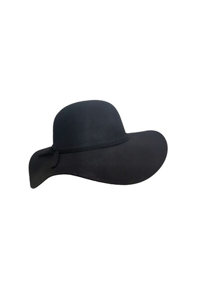 FashionForYou Palarie dama Vintage, cu bor lat si fundita, Negru, Fete