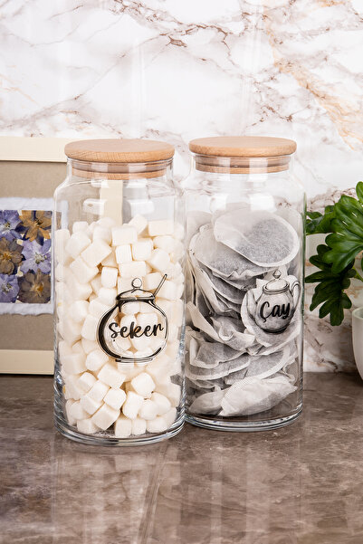 Minya Home 2'li Cam Kavanoz Seti Ahşap Vakum Kapaklı Çay Şeker Saklama Kabı Etiket Hediyeli 1300 ml