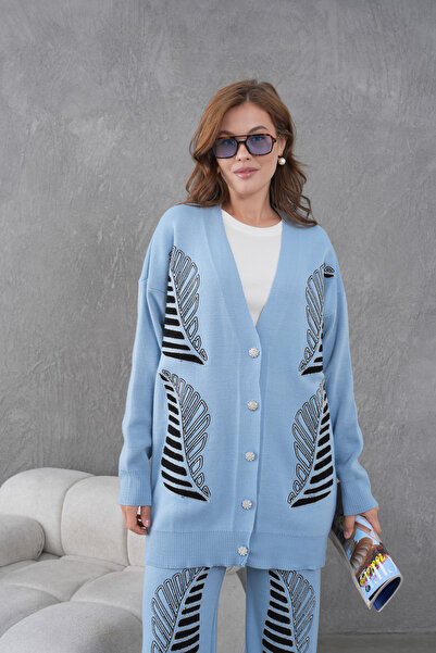 Miss Allos Women's Beaded and Embroidered Wide-Fit Knitwear Cardigan and Pants Top and Bottom Set