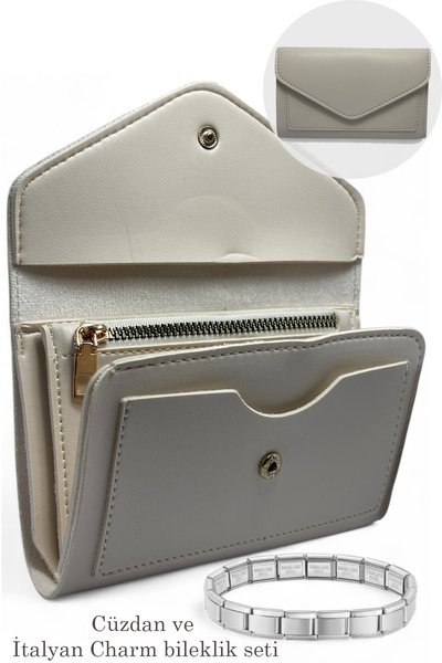 EVVELİ Kadın Orta boy Zarf Model Cüzdan ve İtalyan Charm Çelik Bileklik Seti
