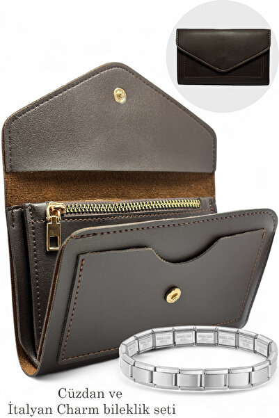 EVVELİ Kadın Orta boy Zarf Model Cüzdan ve İtalyan Charm Çelik Bileklik Seti