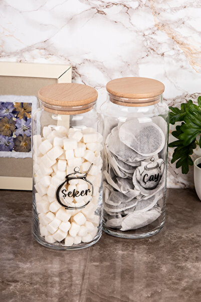 Minya Home 2'li Cam Kavanoz Seti Ahşap Vakum Kapaklı Çay Şeker Saklama Kabı Etiket Hediyeli 1300 ml