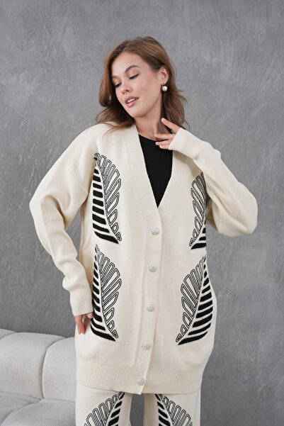 Miss Allos Women's Beaded and Embroidered Wide-Fit Knitwear Cardigan and Pants Top and Bottom Set