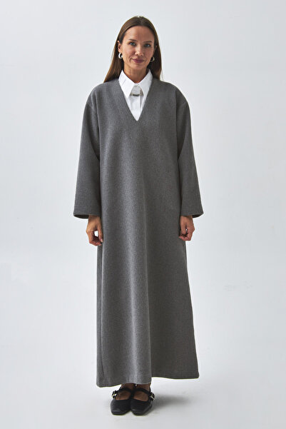 ZÜLAYS V Yaka Çizgi Dokulu Elbise Antrasit