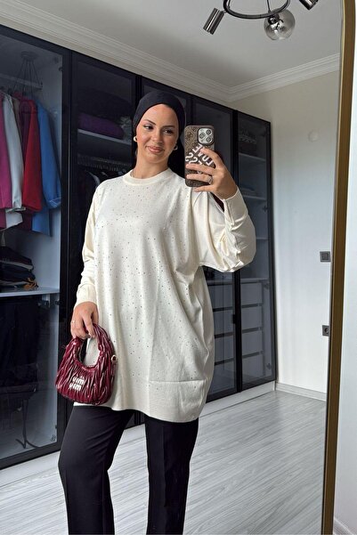megapol giyim Women's Ecru Stone Detailed Long Sweater