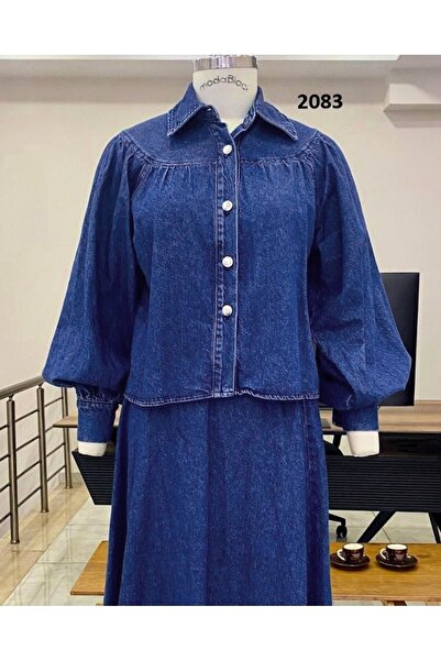 Modamorfo Beli Belted Buttoned Front Skirted Denim Suit - Navy