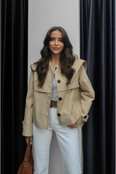 Havoş Bej Geniş Yaka Kısa Trençkot